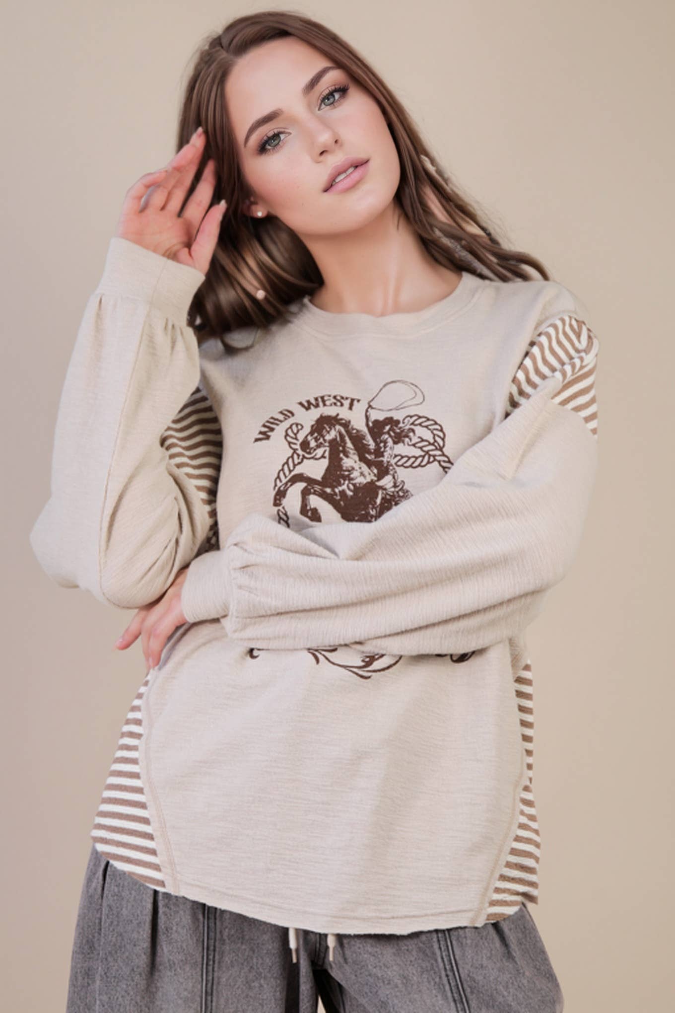 VERY J "Wild West Cowgirls" Western Graphic Knit Top — Oversized Mixed Media (Taupe or Olive)