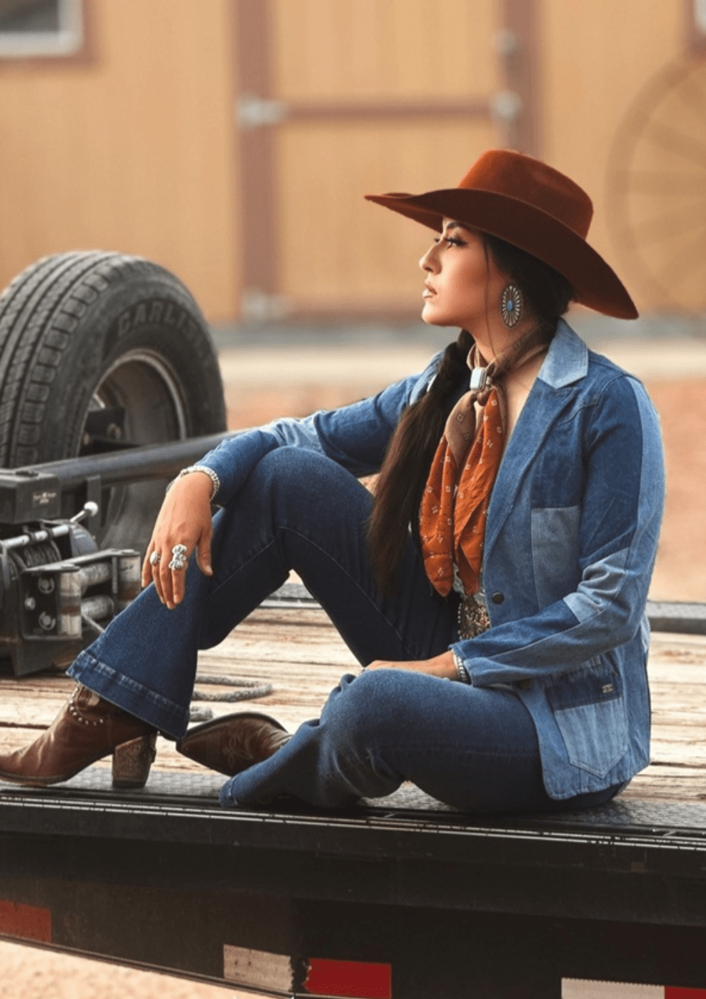 LUCKY & BLESSED "The Outlaw" Multi-Denim Patchwork Western Blazer — Tailored Silhouette with Functional Pockets