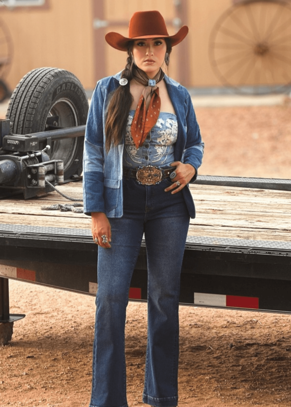 LUCKY & BLESSED "The Outlaw" Multi-Denim Patchwork Western Blazer — Tailored Silhouette with Functional Pockets