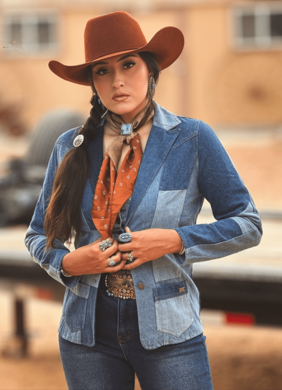 LUCKY & BLESSED "The Outlaw" Multi-Denim Patchwork Western Blazer — Tailored Silhouette with Functional Pockets