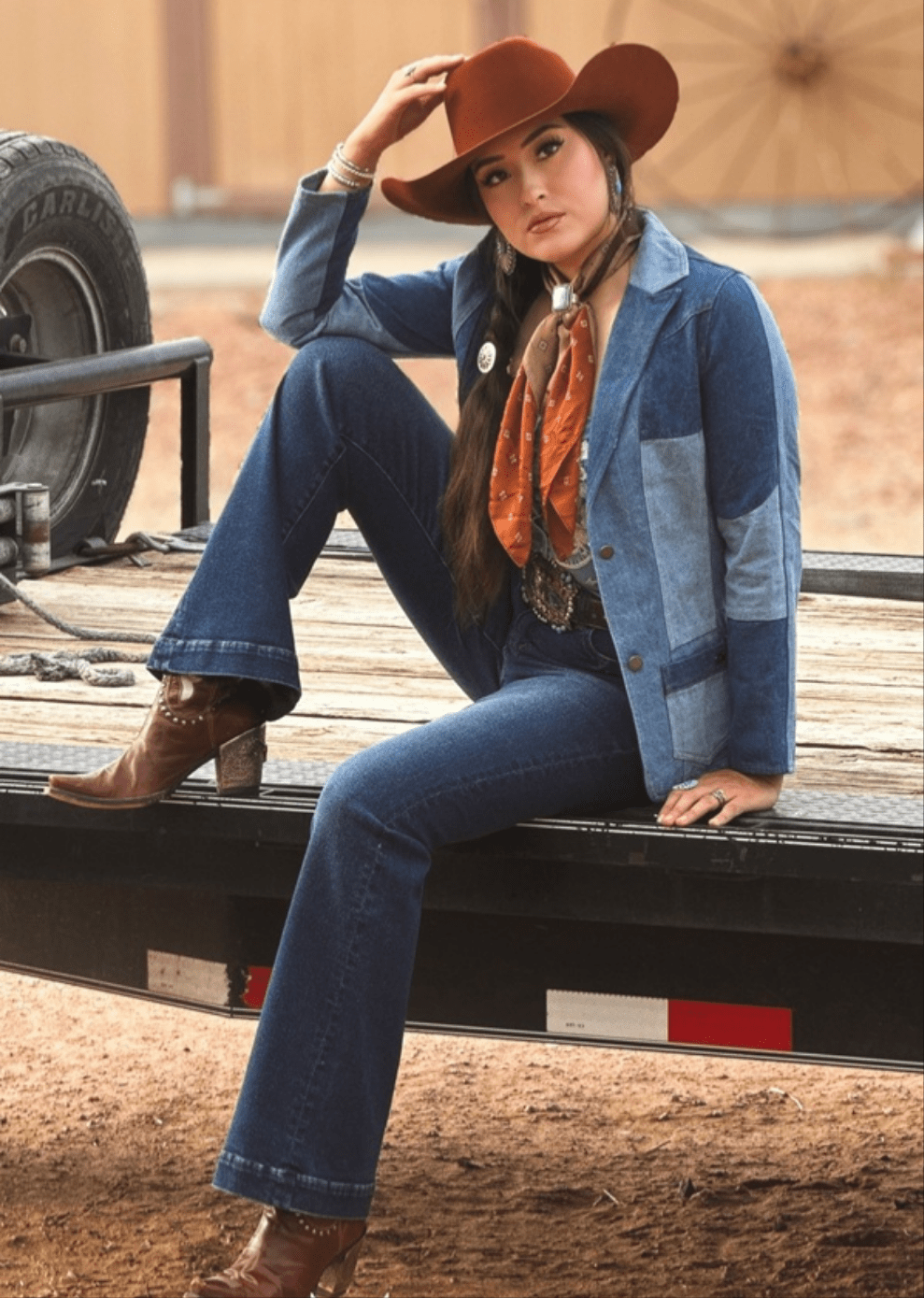 LUCKY & BLESSED "The Outlaw" Multi-Denim Patchwork Western Blazer — Tailored Silhouette with Functional Pockets