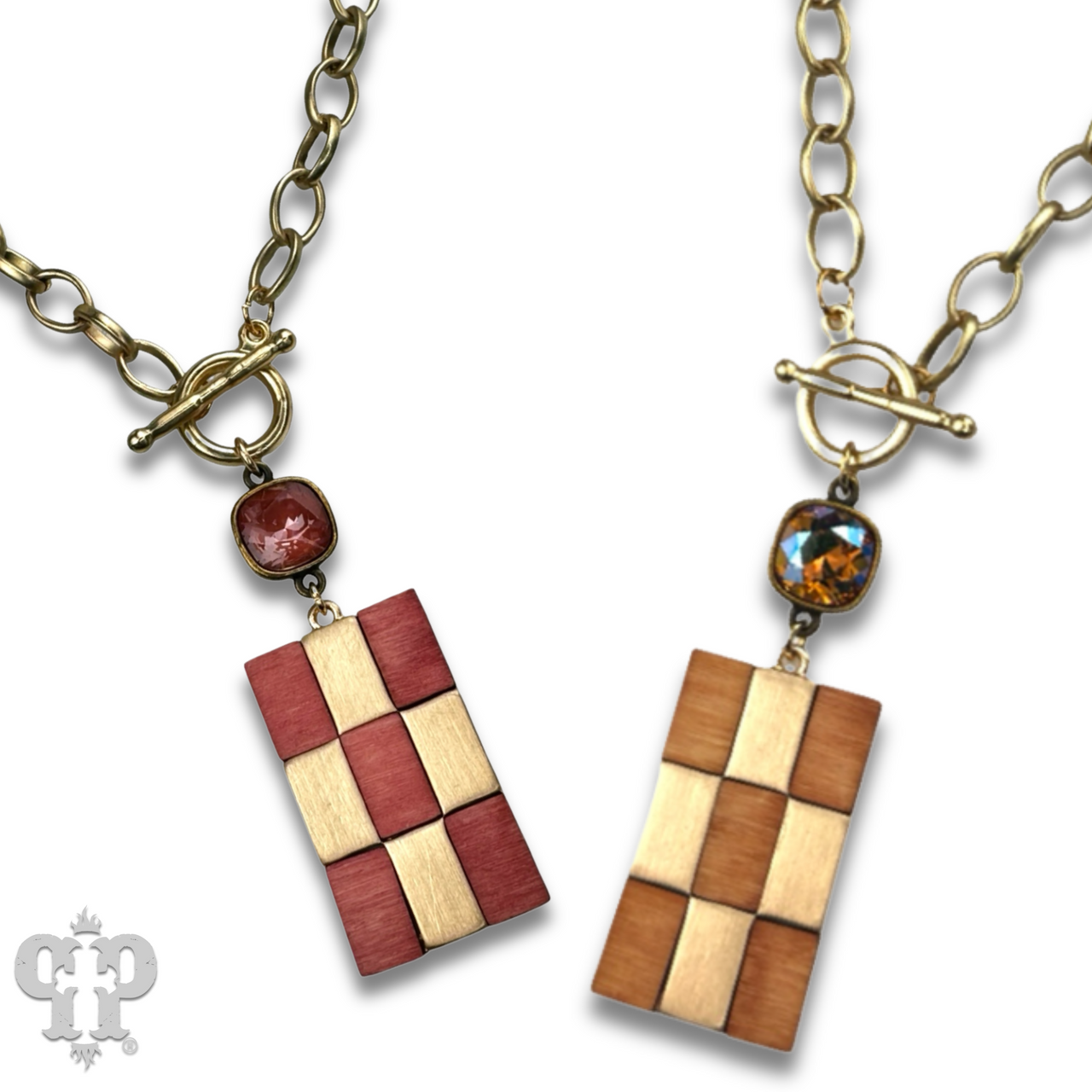 Checkerboard pattern pendant necklace with Austrian crystal - LC