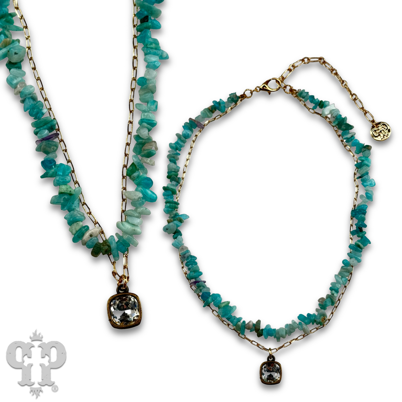 Chunky stone chip necklace with Austrian crystal
