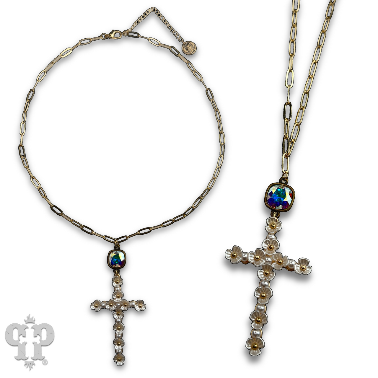 Flower cross necklace with Austrian crystal