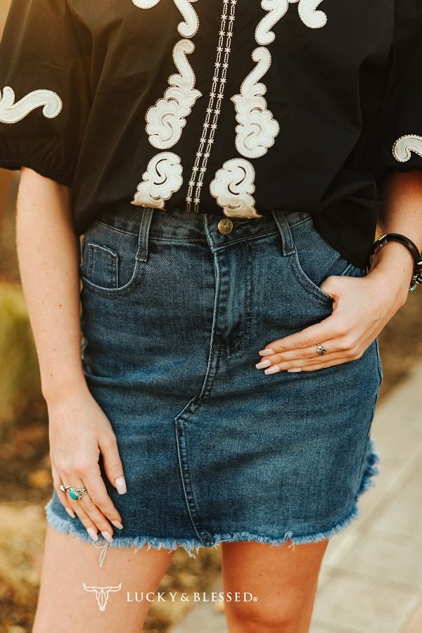 LUCKY & BLESSED "Nashville" High-Rise Raw Hem Western Denim Mini Skirt — Vintage Mineral Wash with Concho Belt-Ready Loops