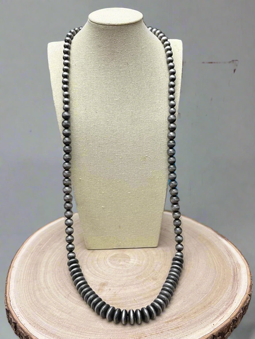 Western Navajo-Style Pearl Necklace & Earring Set — 48 Inch Burnished Silver