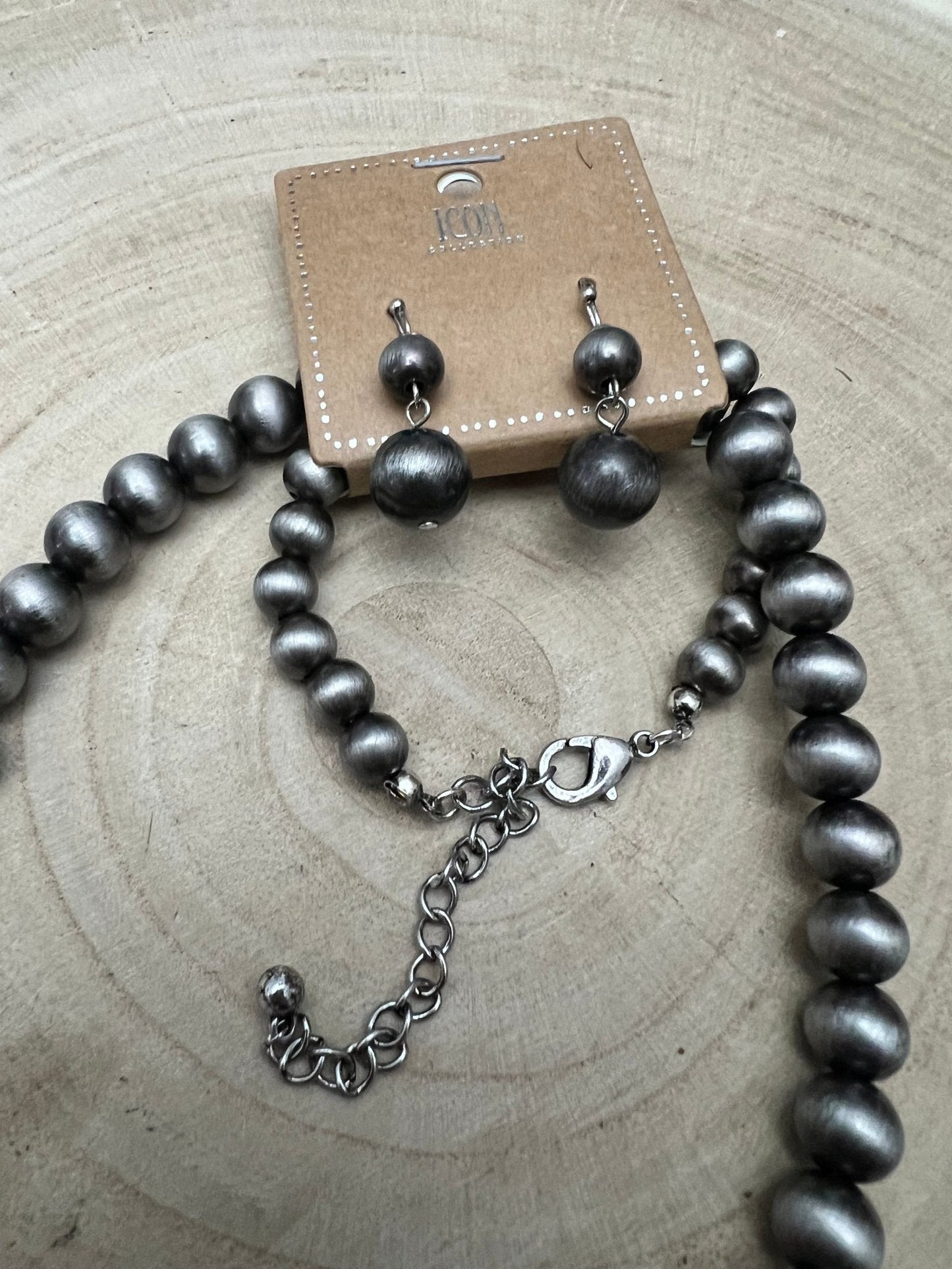 Western Navajo-Style Pearl Necklace & Earring Set — 48 Inch Burnished Silver