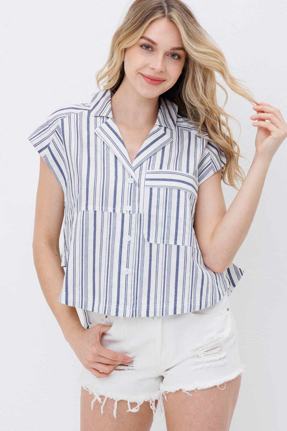 Blue B Navy Stripe Western Button-Up Shirt — Cotton Yarn-Dyed Soft Cowgirl Staple