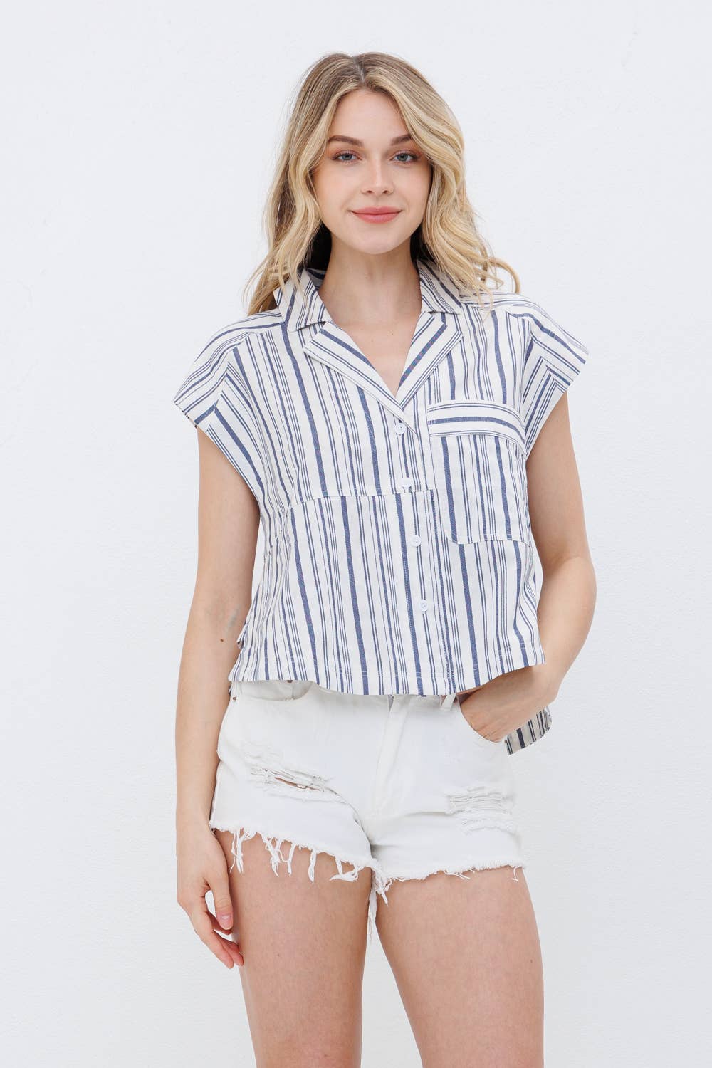 Blue B Navy Stripe Western Button-Up Shirt — Cotton Yarn-Dyed Soft Cowgirl Staple