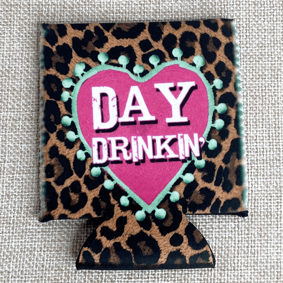 Heart "Day Drinkin" Regular 12oz Can Koozie (No Fringe, Handmade in Texas)