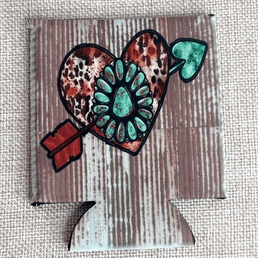 Turquoise Stone Heart Regular 12oz Can Koozie (No Fringe)