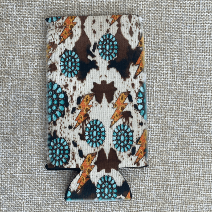 Cowprint, Turquoise Stone & Bolts Slim 12oz Koozie (No Fringe)