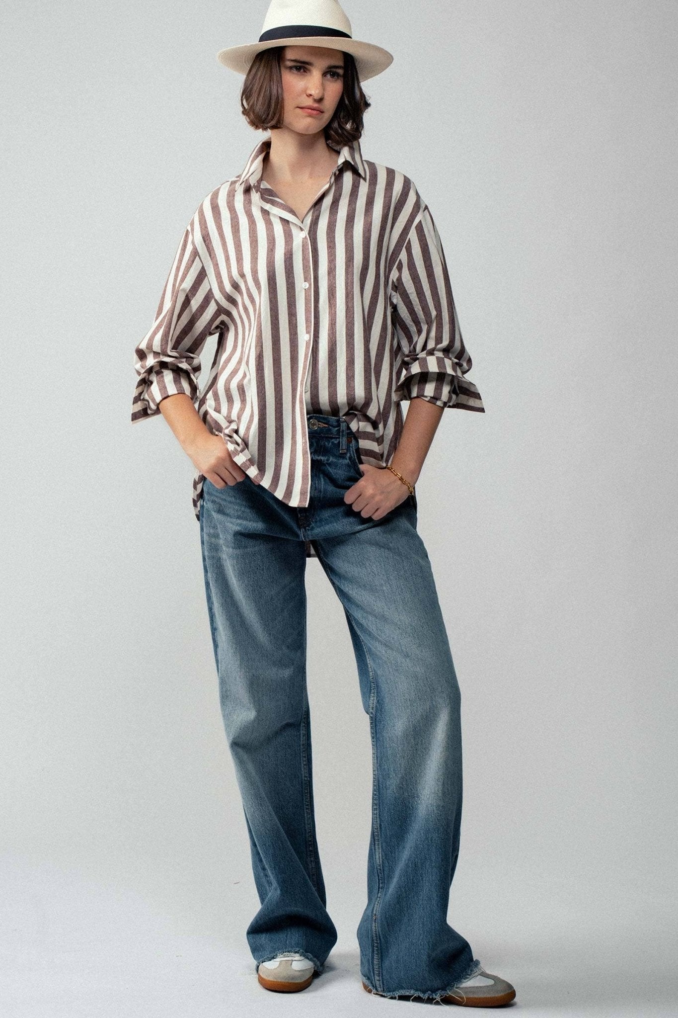 Urban Daizy "Outlaw" Western Striped Button-Down Collared Shirt — Brown & Olive 100% Cotton Oversized Fit