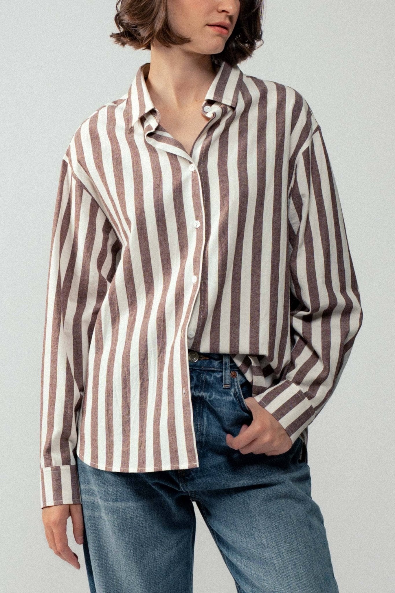 Urban Daizy "Outlaw" Western Striped Button-Down Collared Shirt — Brown & Olive 100% Cotton Oversized Fit