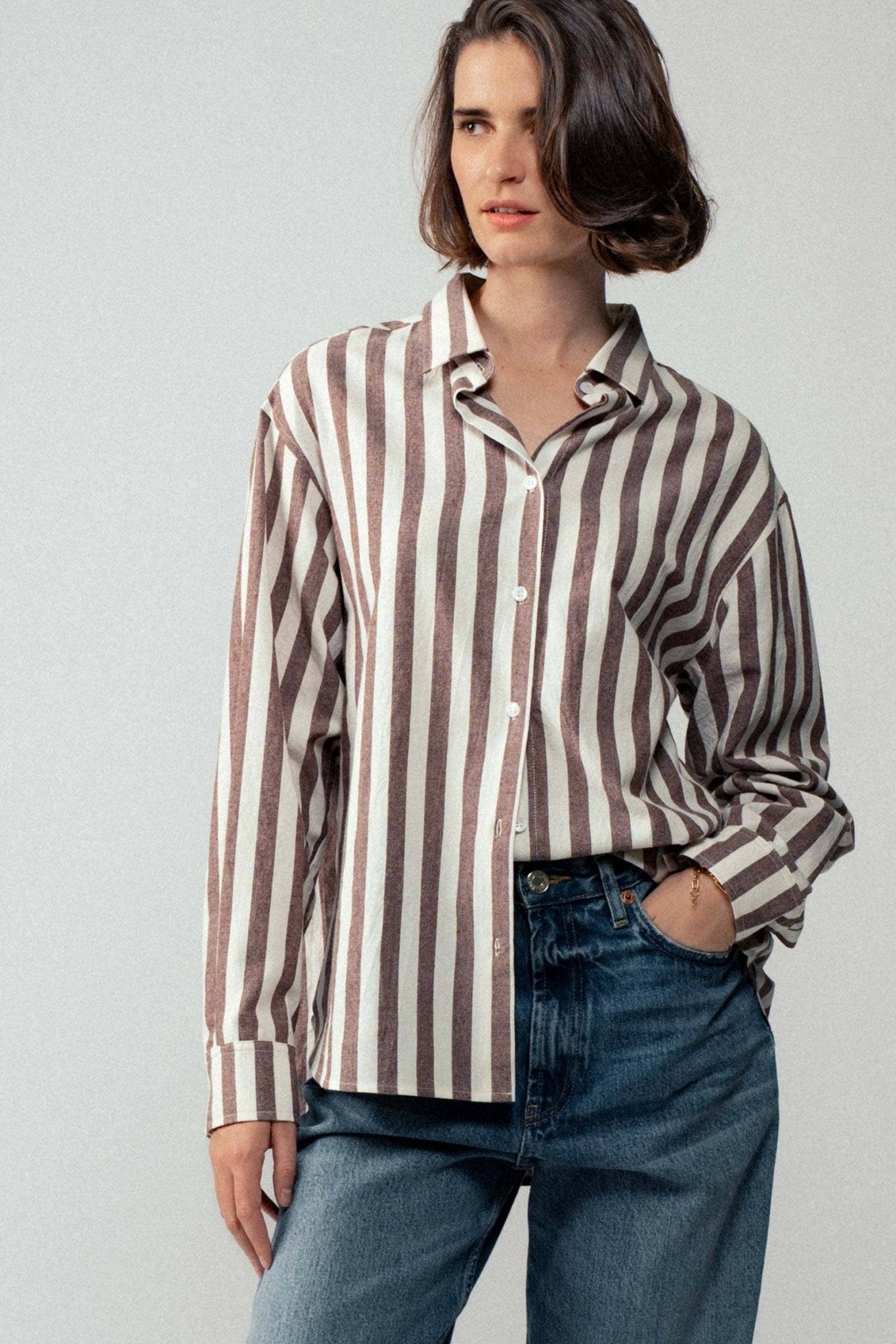 Urban Daizy "Outlaw" Western Striped Button-Down Collared Shirt — Brown & Olive 100% Cotton Oversized Fit