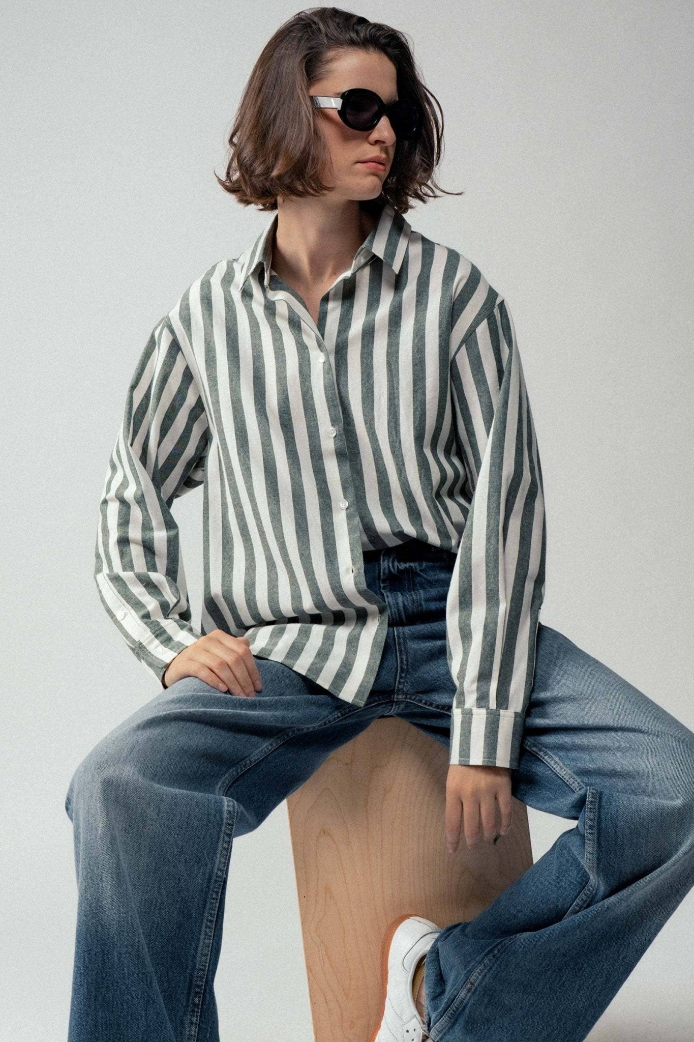 Urban Daizy "Outlaw" Western Striped Button-Down Collared Shirt — Brown & Olive 100% Cotton Oversized Fit