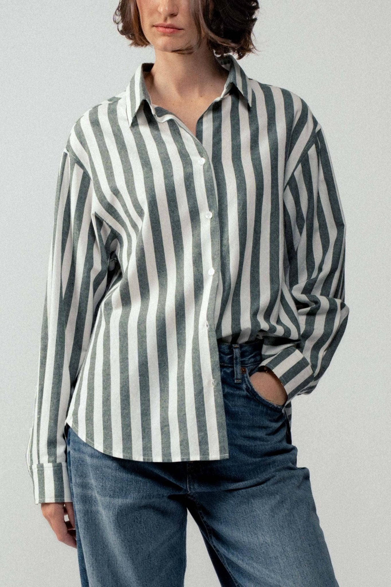 Urban Daizy "Outlaw" Western Striped Button-Down Collared Shirt — Brown & Olive 100% Cotton Oversized Fit