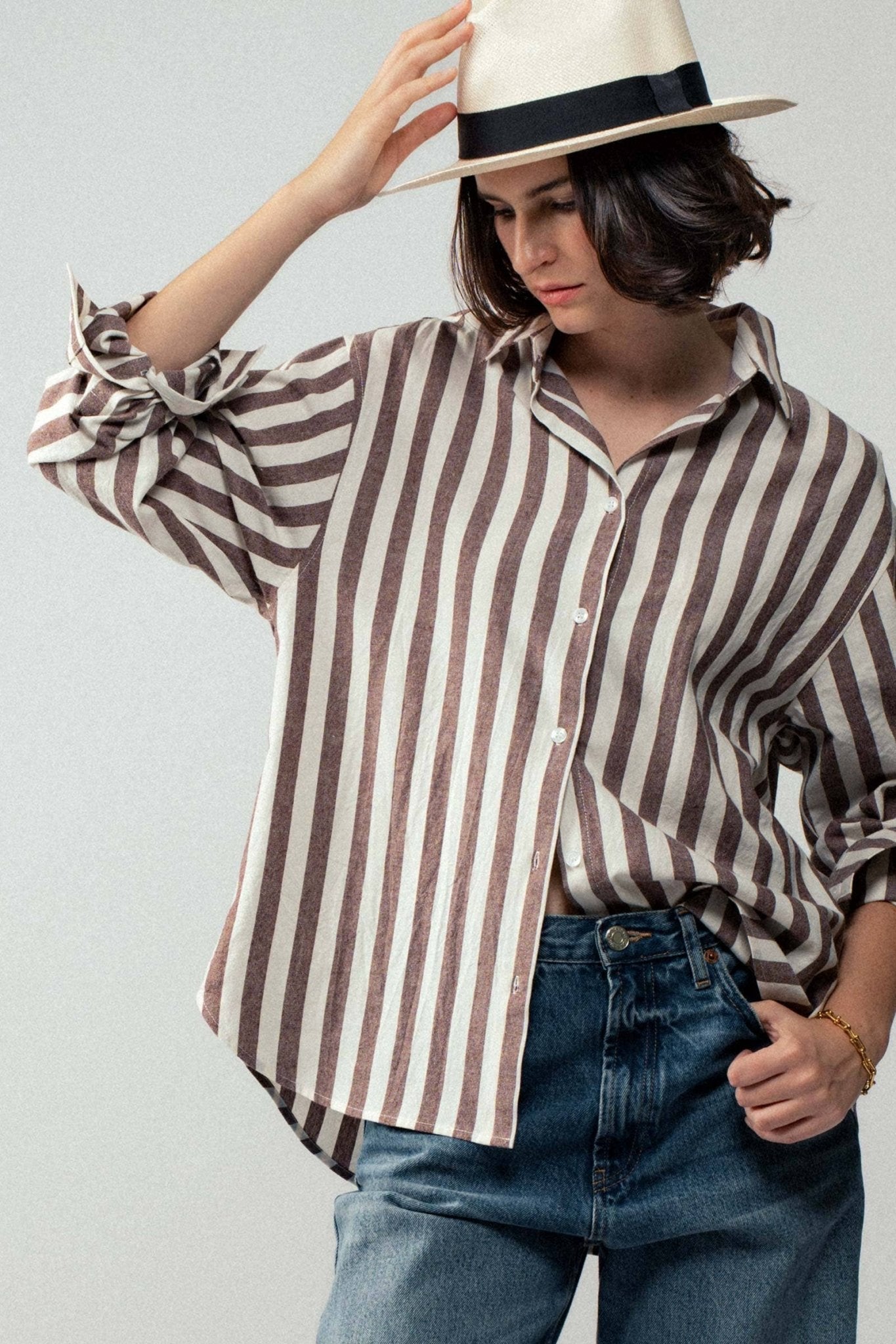 Urban Daizy "Outlaw" Western Striped Button-Down Collared Shirt — Brown & Olive 100% Cotton Oversized Fit