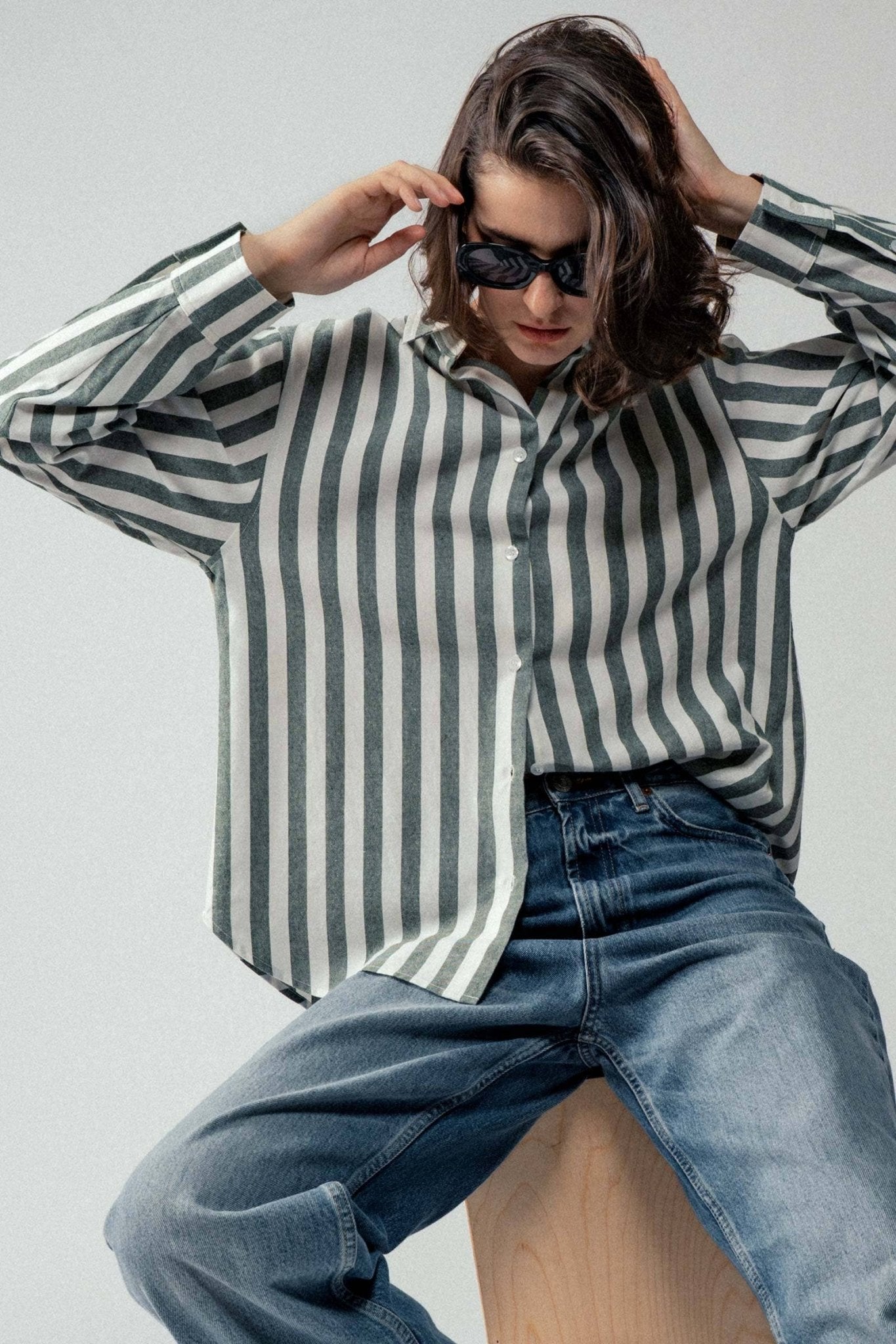 Urban Daizy "Outlaw" Western Striped Button-Down Collared Shirt — Brown & Olive 100% Cotton Oversized Fit