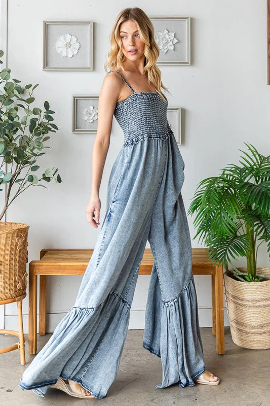 OH4 OLI & HALI WASHED SMOCKED DETAIL RUFFLE WIDE LEG JUMPSUIT