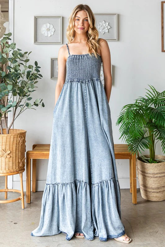 OH4 OLI & HALI WASHED SMOCKED DETAIL RUFFLE WIDE LEG JUMPSUIT