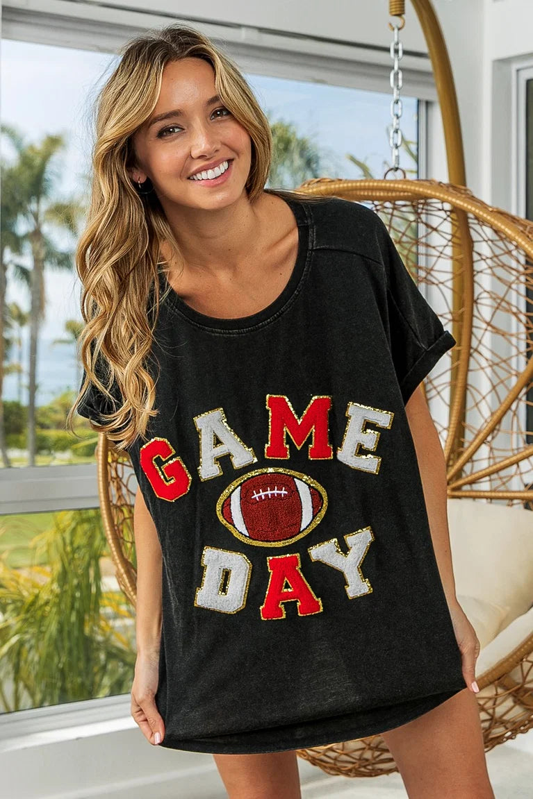 BiBi Game Day Varsity Letter Loose Fit Vintage Washed Top in Black