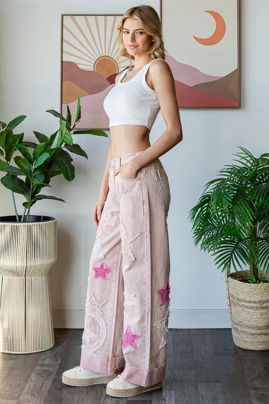 OH2 OLI & HALI PINK WASHED STAR PATCHWORK DETAIL DENIM