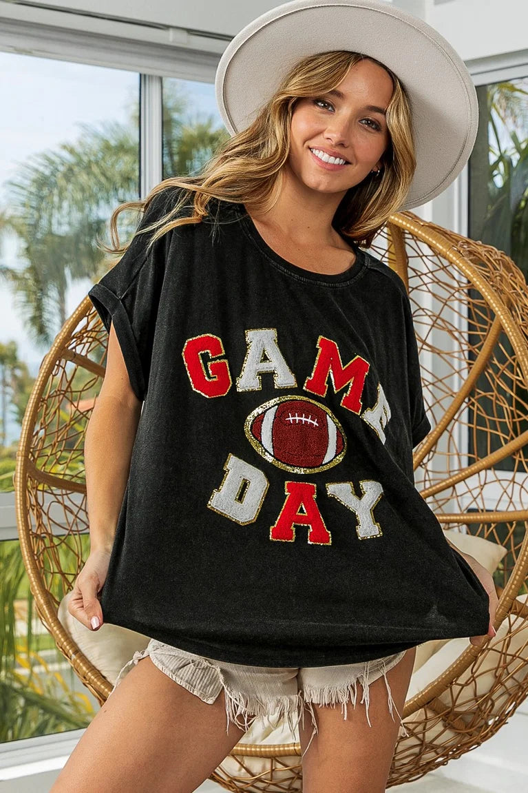 BiBi Game Day Varsity Letter Loose Fit Vintage Washed Top in Black
