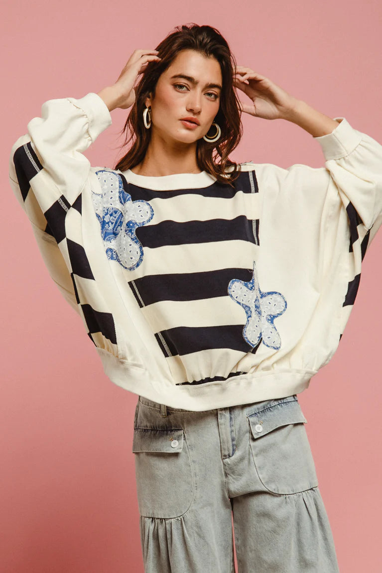 B7 BiBi Bold Blooms and Stipes Top - Oversized