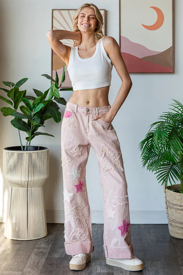OH2 OLI & HALI PINK WASHED STAR PATCHWORK DETAIL DENIM