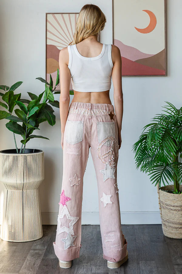 OH2 OLI & HALI PINK WASHED STAR PATCHWORK DETAIL DENIM