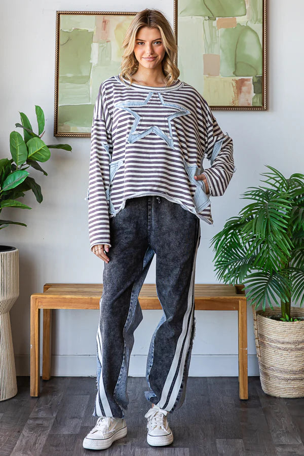 OH5 OLI & HALI STAR PATCHWORK STRIPED DROP SHOULDER TOP