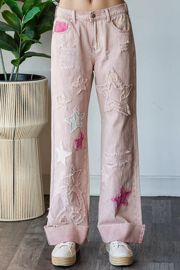 OH2 OLI & HALI PINK WASHED STAR PATCHWORK DETAIL DENIM