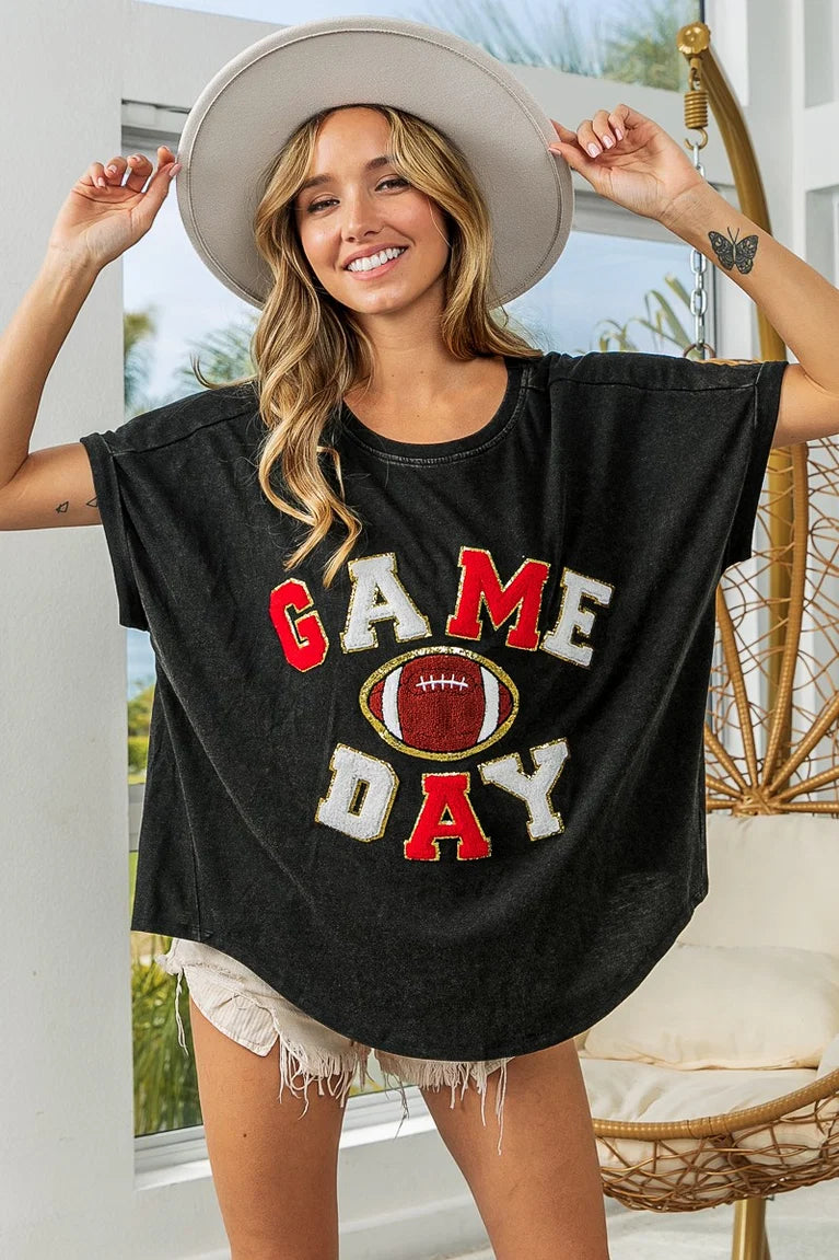 BiBi Game Day Varsity Letter Loose Fit Vintage Washed Top in Black