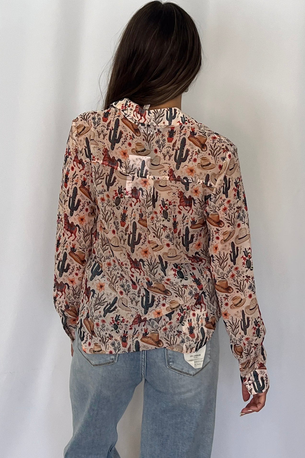 Blue B "Painted Desert" Western Chiffon Button-Up Blouse — Lightweight Semi-Opaque Desert Print (small remains)