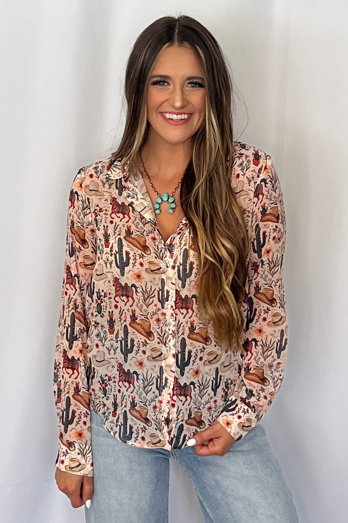 Blue B "Painted Desert" Western Chiffon Button-Up Blouse — Lightweight Semi-Opaque Desert Print (small remains)
