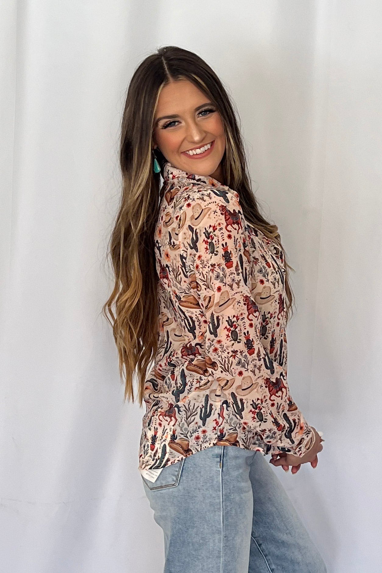 Blue B "Painted Desert" Western Chiffon Button-Up Blouse — Lightweight Semi-Opaque Desert Print (small remains)