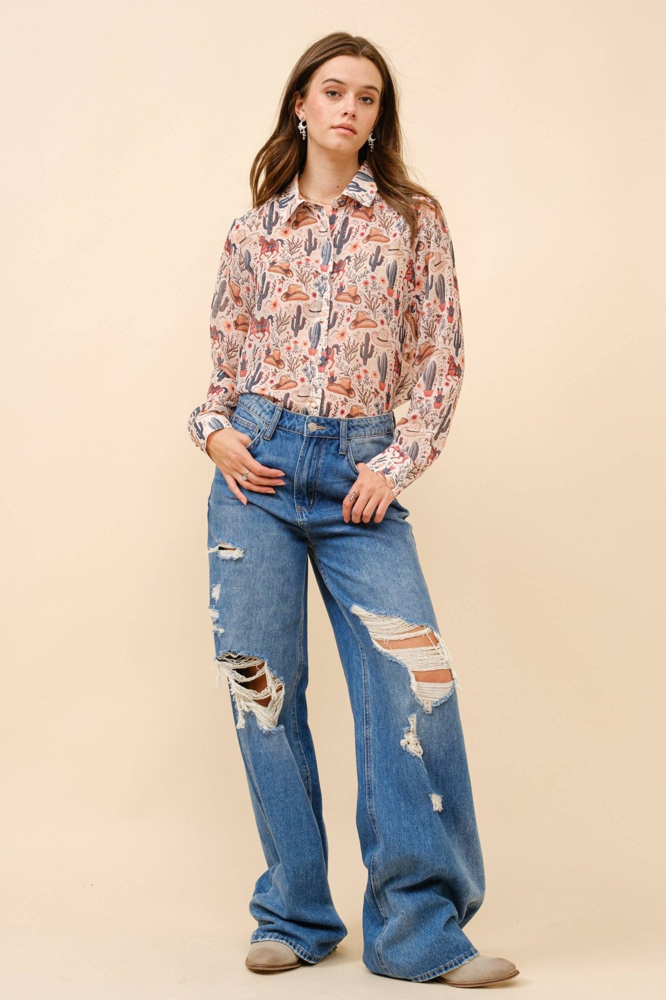Blue B "Painted Desert" Western Chiffon Button-Up Blouse — Lightweight Semi-Opaque Desert Print (small remains)