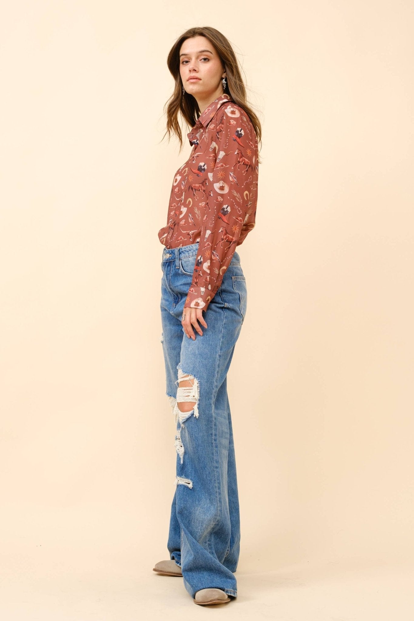 Blue B "Painted Desert" Western Chiffon Button-Up Blouse — Lightweight Semi-Opaque Desert Print (small remains)