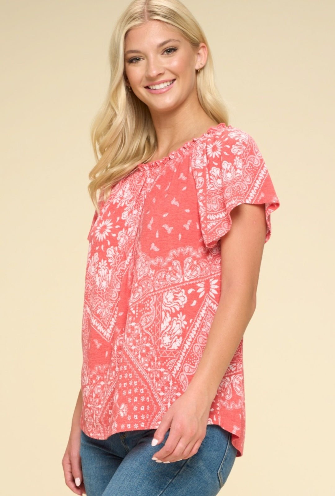 Oddi Paisley Printed Boat Neckline Western Top — Ruffled Short Dolman Sleeves Feminine Layering Piece