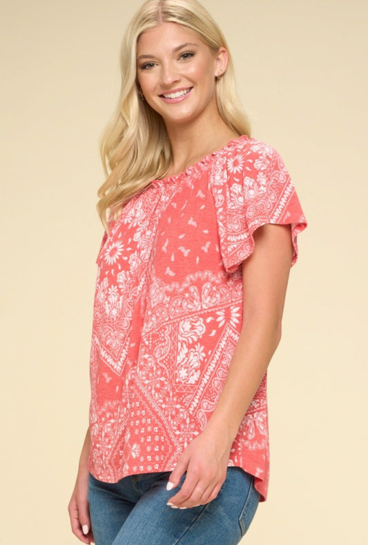 Oddi Paisley Printed Boat Neckline Western Top — Ruffled Short Dolman Sleeves Feminine Layering Piece
