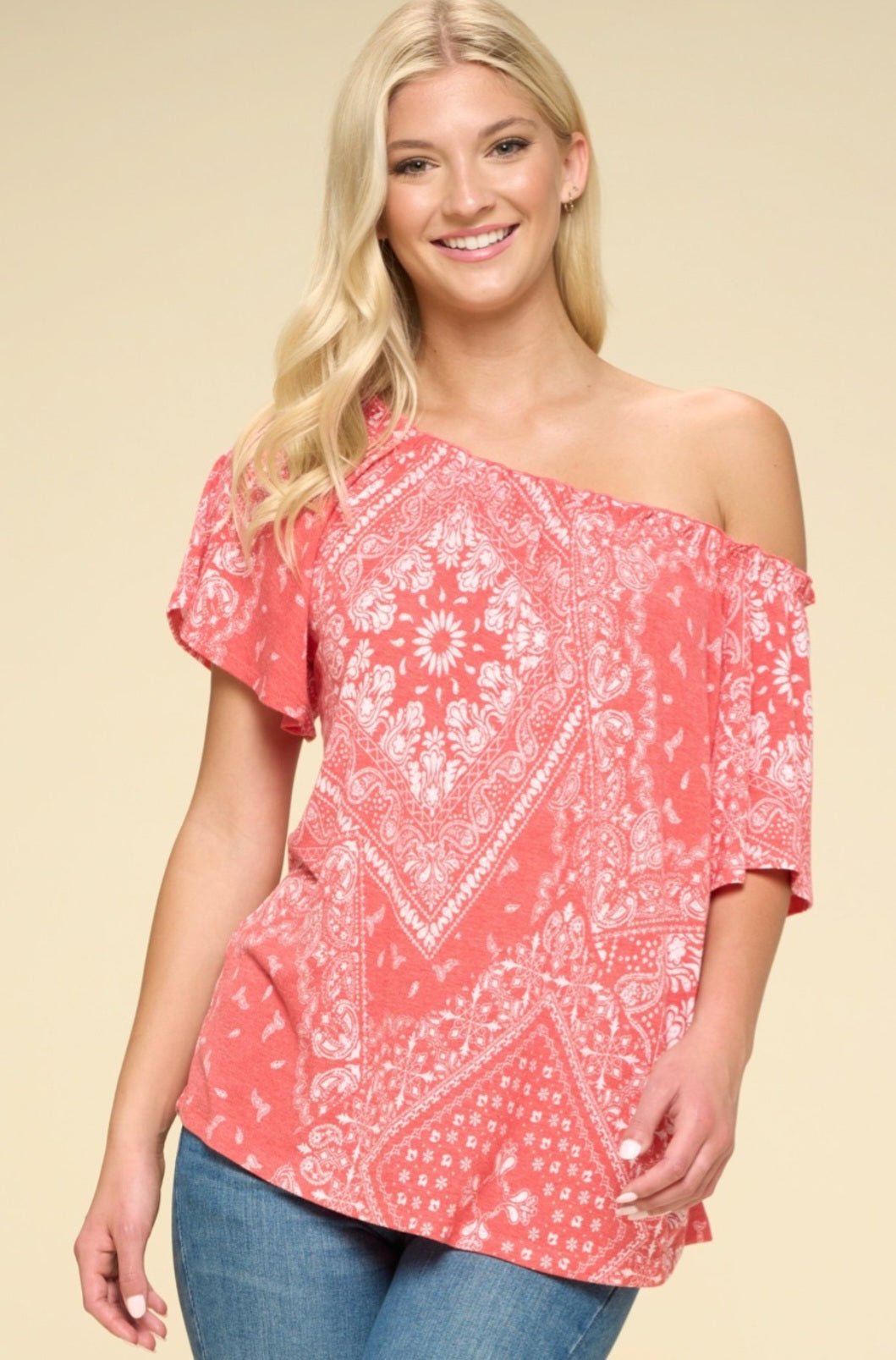 Oddi Paisley Printed Boat Neckline Western Top — Ruffled Short Dolman Sleeves Feminine Layering Piece