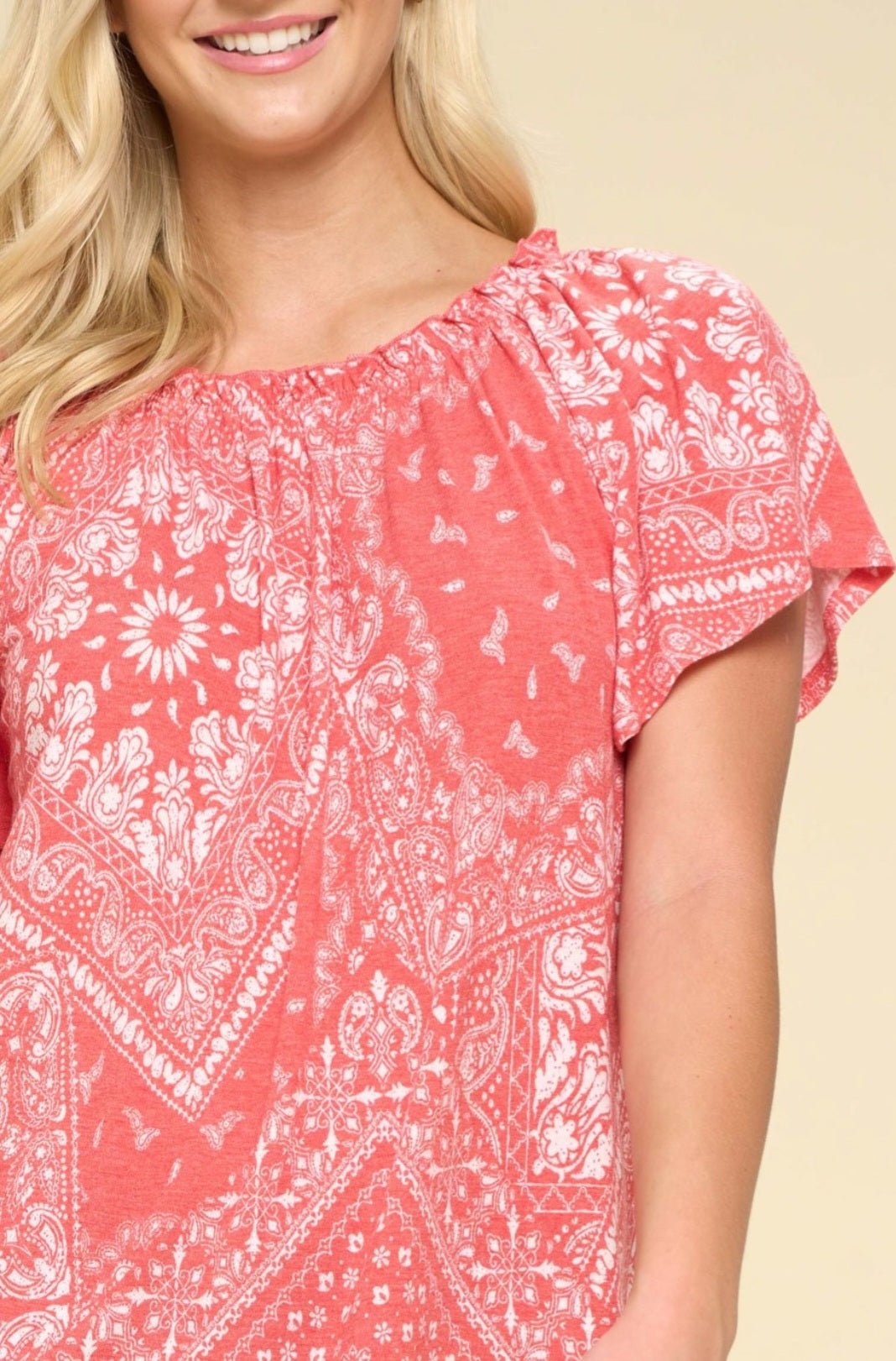 Oddi Paisley Printed Boat Neckline Western Top — Ruffled Short Dolman Sleeves Feminine Layering Piece