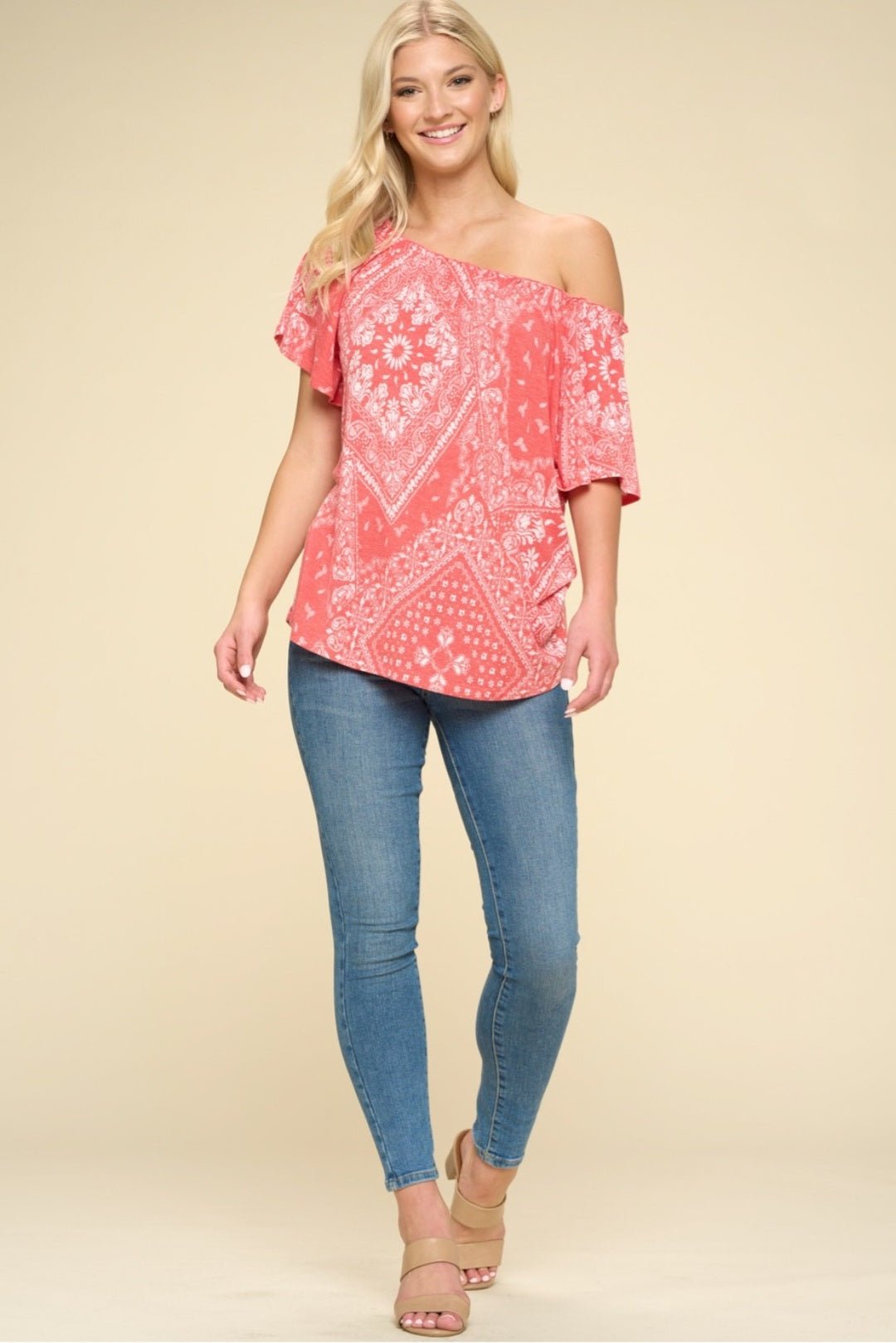 Oddi Paisley Printed Boat Neckline Western Top — Ruffled Short Dolman Sleeves Feminine Layering Piece