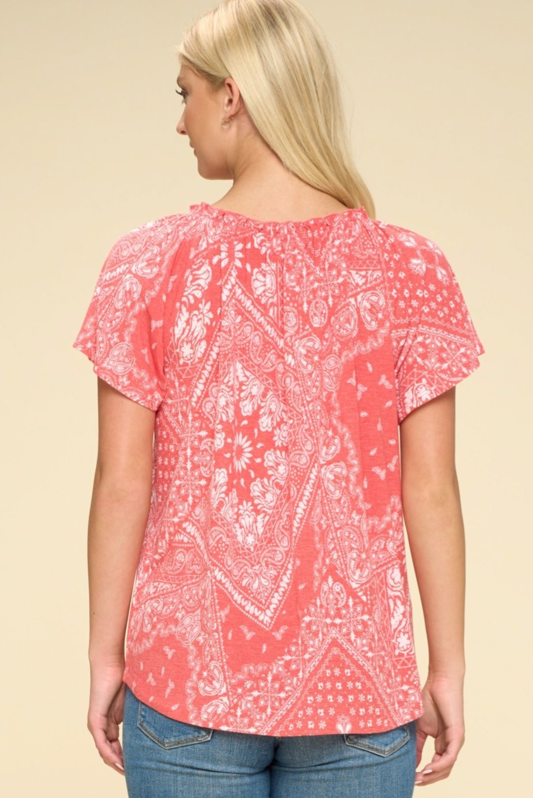 Oddi Paisley Printed Boat Neckline Western Top — Ruffled Short Dolman Sleeves Feminine Layering Piece