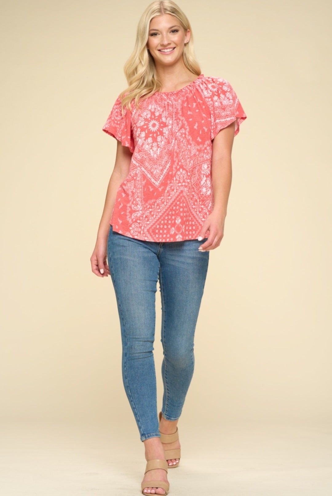 Oddi Paisley Printed Boat Neckline Western Top — Ruffled Short Dolman Sleeves Feminine Layering Piece
