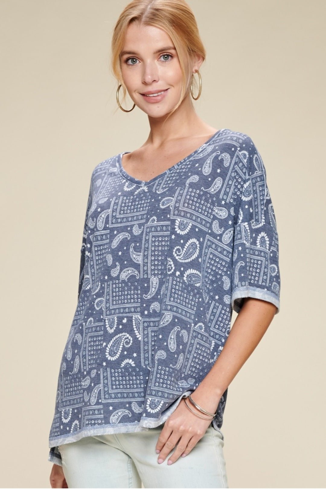 Oddi Paisley Printed French Terry Knit Western Top — Dark Navy V-Neck with Hi-Low Hem