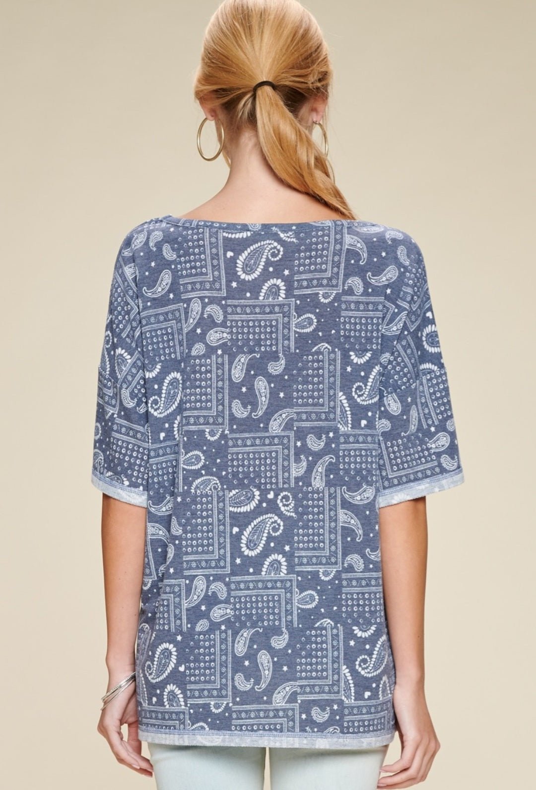 Oddi Paisley Printed French Terry Knit Western Top — Dark Navy V-Neck with Hi-Low Hem
