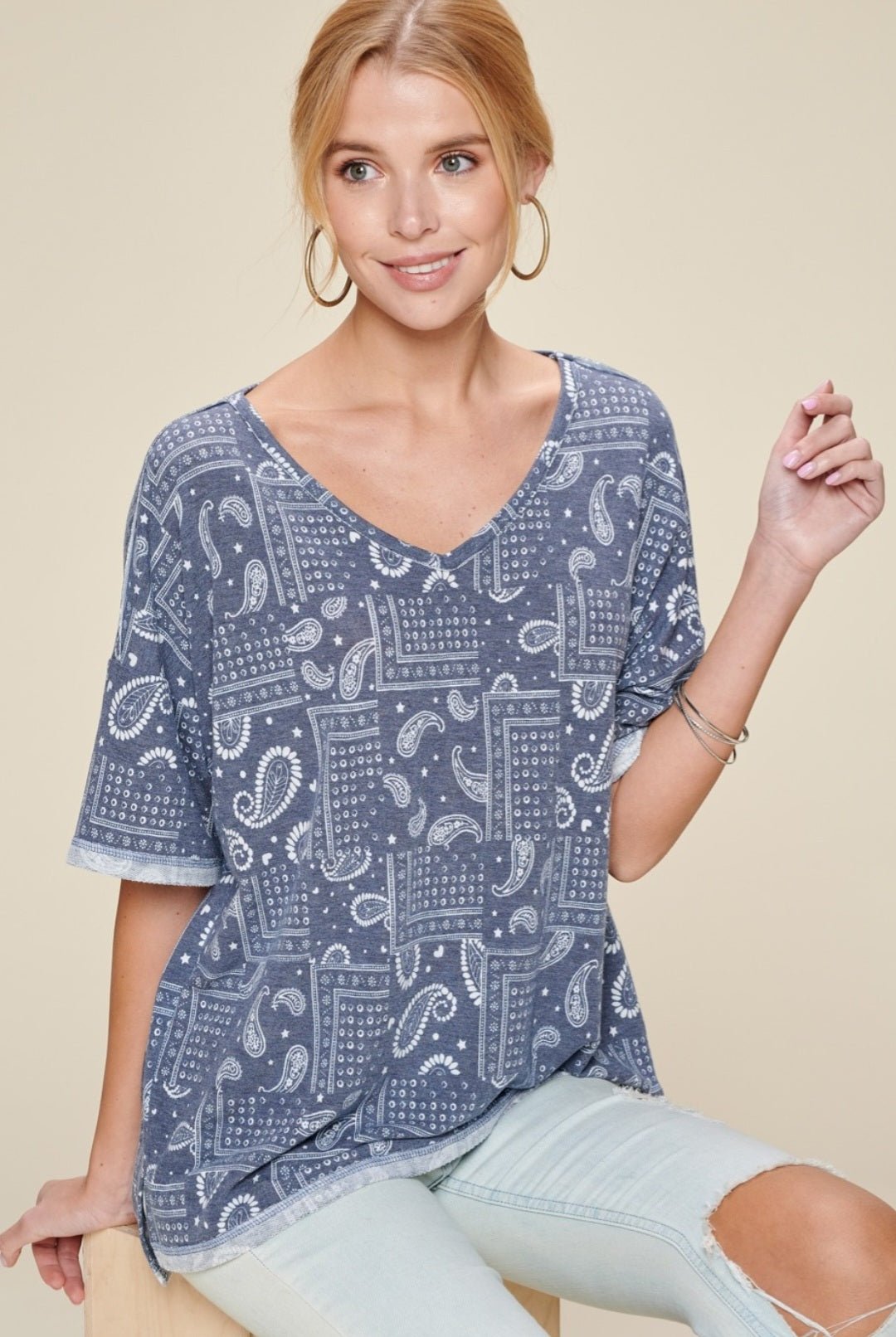 Oddi Paisley Printed French Terry Knit Western Top — Dark Navy V-Neck with Hi-Low Hem
