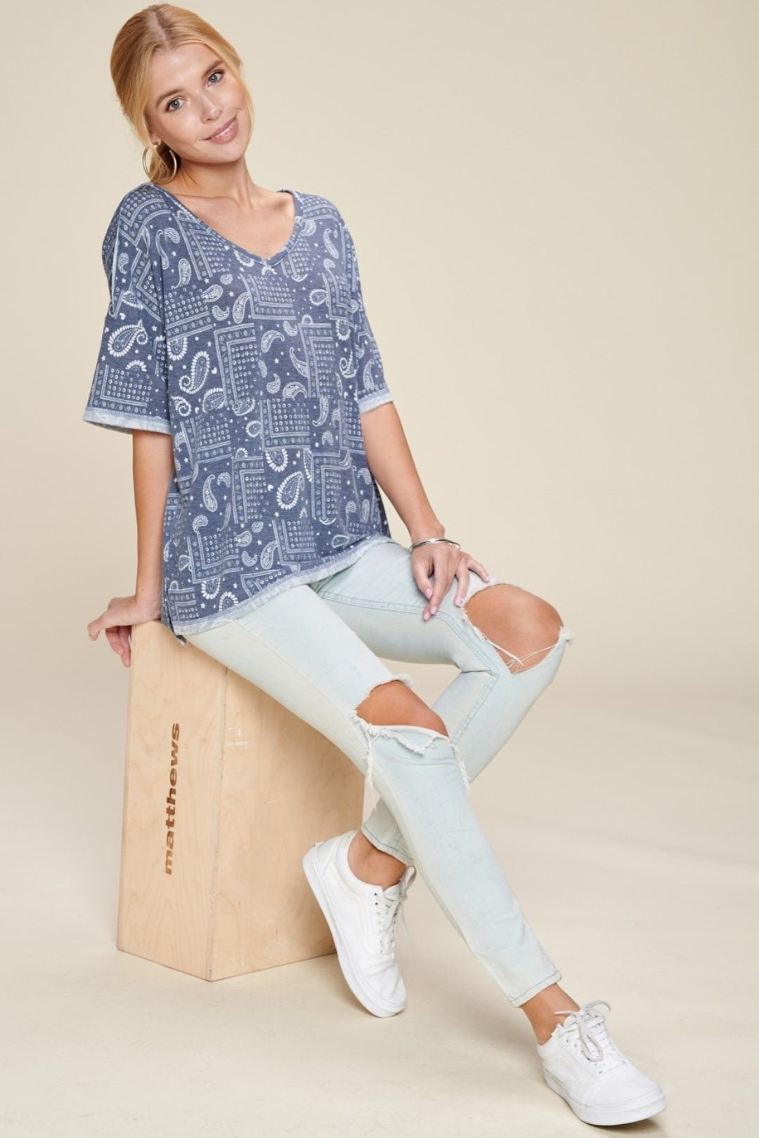 Oddi Paisley Printed French Terry Knit Western Top — Dark Navy V-Neck with Hi-Low Hem
